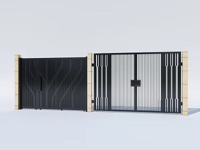 Modern Black Gates With Wavy Pattern Vertical Slats Grid Design And Beige Pillars 3d model