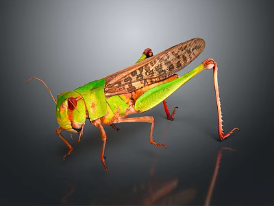 Vibrant Green Reptile Displaying Detailed Body Features And Long Legs On Gray Surface 3d model