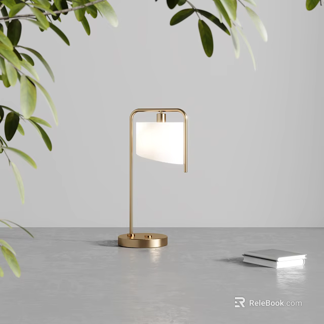 Modern Table Lamp With Golden Base White Lampshade Green Leaves Gray Tabletop And Stacked Books 3d model 