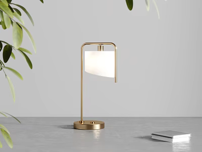 Modern Table Lamp With Golden Base White Lampshade Green Leaves Gray Tabletop And Stacked Books 3d model