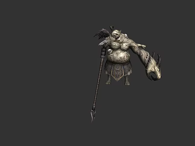 Game Fantasy Character With Fat Body Holding Spear Ornamental Skirt And Grim Expression Dark Style 3d model