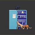 Cartoon Scene With Blue Refrigerator Open Door Three Cats Around Items Inside And Sticky Note