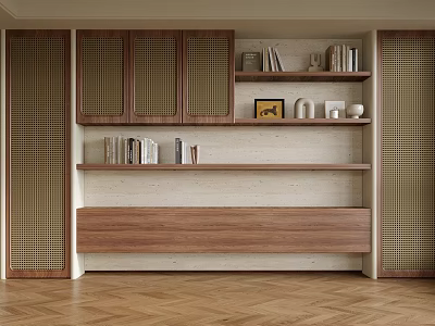Modern Wooden Bookcase With Open Shelves Books Decor And Herringbone Flooring 3d model