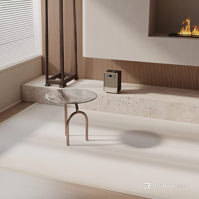 Round Marble Side Table With Brass Frame Beside Fireplace And Floor Lamp On Wooden Wall 3d model 