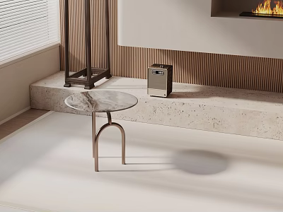 Round Marble Side Table With Brass Frame Beside Fireplace And Floor Lamp On Wooden Wall 3d model