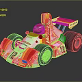 White Red Yellow Striped Racing Car with Shell Flylon Logos Helmeted Driver and Number 12