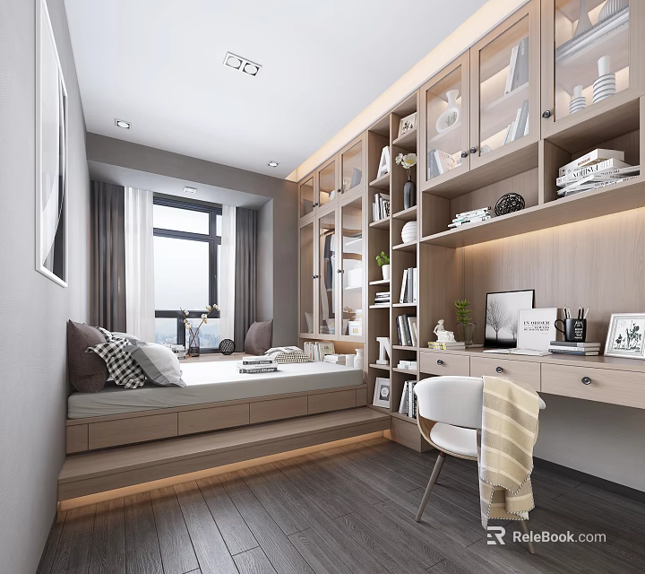 Cozy Modern Tatami Bedroom With Storage Desk Bookshelf Natural Light And Ambient Lighting 3d model 
