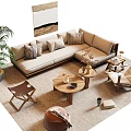 Modern Beige Sofa and Coffee Table Set With Throw Pillows Potted Plant and Side Table 3d model