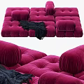 Multi Seater Sofa in Pink and Orange Velvet with Tufted Design Throw Blanket and Cushion