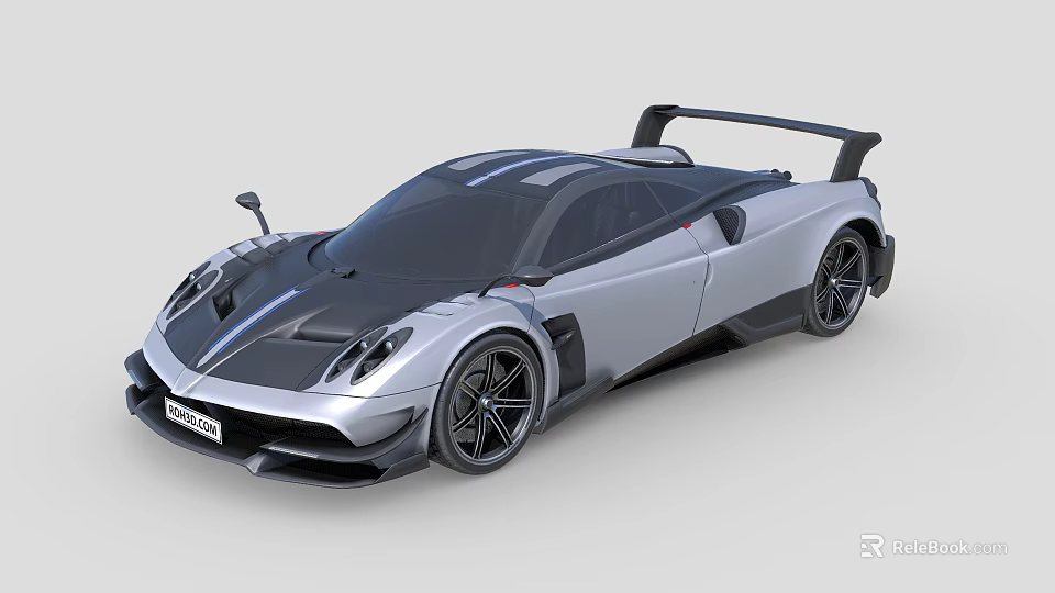 Silver Sports Car With Black Accents Rear Spoiler And Large Alloy Wheels 3d model 