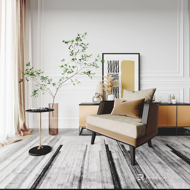 Beige Single Sofa with Brown Armrests White Walls Decorative Painting Green Plant Side Table 3d model 