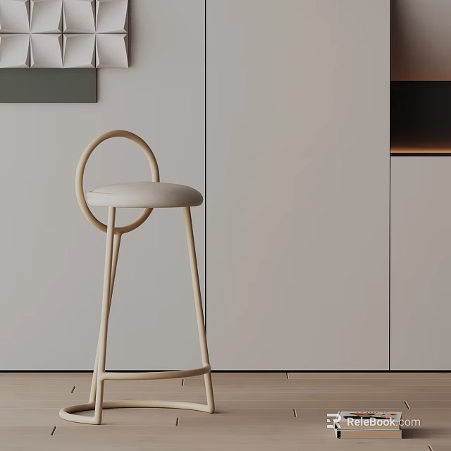 Contemporary Bar Stool With Circular Backrest Beige Seat And Wooden Legs For Kitchen Bar 3d model 