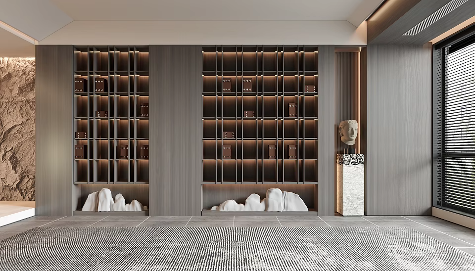 Modern Chinese Wooden Decorative Cabinet With Lattice Layered Shelves LED Lighting And Stone Ornaments 3d model 