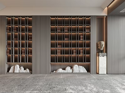 Modern Chinese Wooden Decorative Cabinet With Lattice Layered Shelves LED Lighting And Stone Ornaments 3d model
