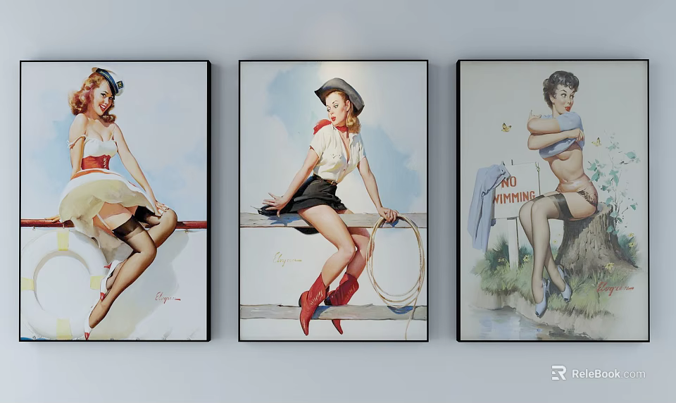 Vintage Pin Up Girl Paintings Framed Wall Art With Classic Retro Figures Leaning Sitting 3d model 