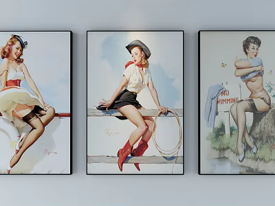 Vintage Pin Up Girl Paintings Framed Wall Art With Classic Retro Figures Leaning Sitting 3d model