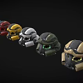 Different Colored Tactical Helmets With Face Visors And Glowing Green Accents