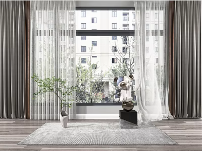 Gray Thick And White Sheer Curtains By Large Window With Indoor Plant And Rug 3d model