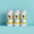 Three Refreshing Beverage Cans with Female Illustration and Yellow Flowers on Light Blue Background