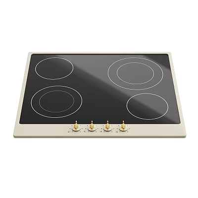 Modern Electric Cooktop With Four Circular Heating Zones Black Panel Beige Frame And Knobs 3d model