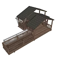 Wooden Covered Outdoor Pavilion Deck With Multiple Roofs And Railings