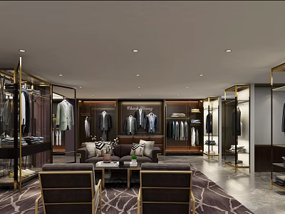 Modern Clothing Store Interior Design With Clothing Racks Sofas And Display Shelves 3d model