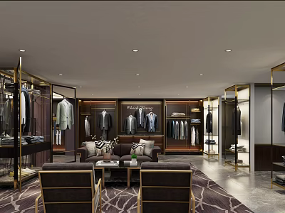 Modern Clothing Store Interior Design With Clothing Racks Sofas And Display Shelves 3d model