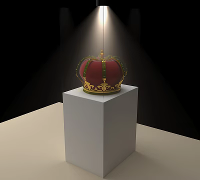 Luxurious Red Crown Jewelry with Gold Decorations and Green Gemstones on White Pedestal Under Spotlight 3d model