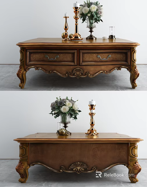 Classic Wooden Coffee Table With Ornate Carvings Two Drawers And Decorative Vase 3d model 