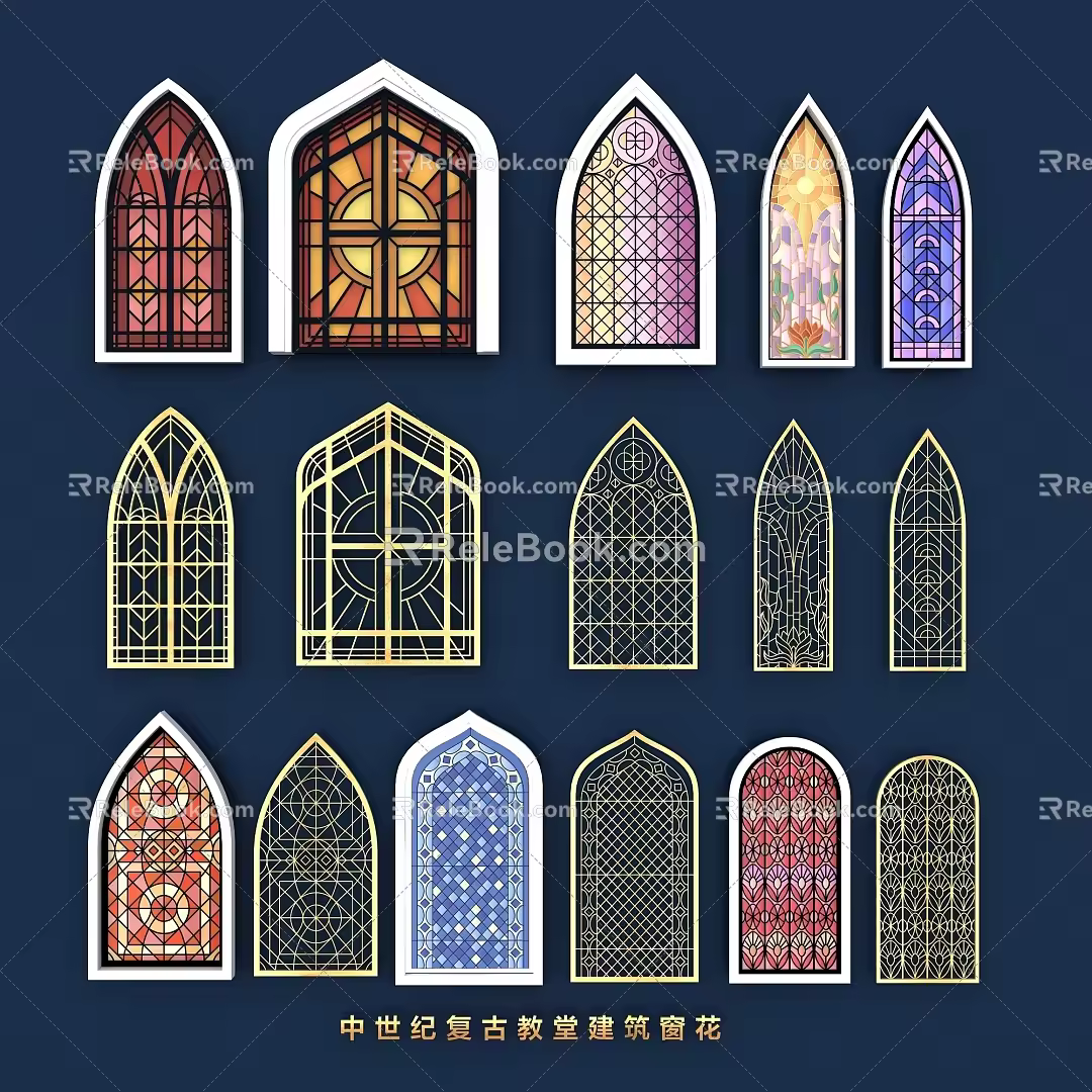 European-style stenciling window Gothic church door and window door arch frame art glass pattern 3d model