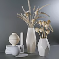 Elegant Decorative Ornament Set With White Vases Dried Flowers And Candles