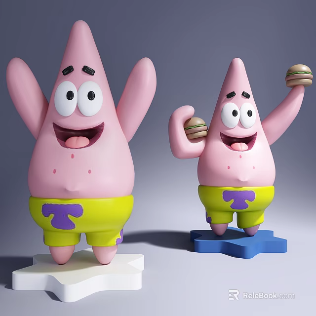 Pink Plush Dolls in Yellow Shorts with Purple Patterns One Holding Burger on Colorful Bases 3d model 