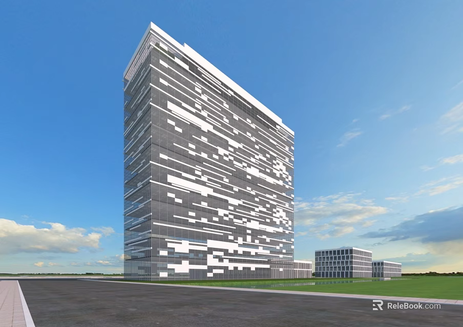 Modern High Rise Building With Unique Geometric Facade Green Lawn And Blue Sky 3d model 
