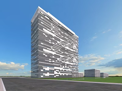 Modern High Rise Building With Unique Geometric Facade Green Lawn And Blue Sky 3d model