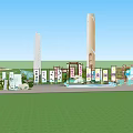 Outdoor Exhibition Setup With Tall Pillars Display Boards Green Lawn And Mountain Background
