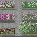 Colorful Flower And Plant Arrangements In Planter Boxes On Brick Pavement