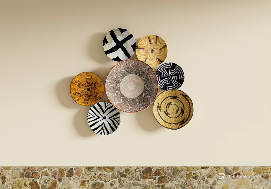 Creative Wall Decor With Multiple Plates Featuring Various Patterns And Colors 3d model