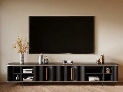 Modern Black TV Stand With Storage Shelves Vase And Books Below Mounted TV 3d model
