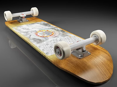 Wooden Skateboard with Decorative Graphics On Deck White Wheels And Metal Trucks For Sports Use 3d model