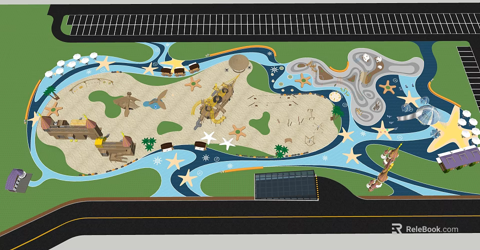 Vibrant Garden Landscape Design With Sand Areas Water Paths Star Decorations And Small Boats 3d model 