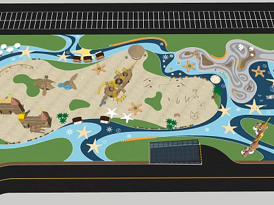Vibrant Garden Landscape Design With Sand Areas Water Paths Star Decorations And Small Boats 3d model