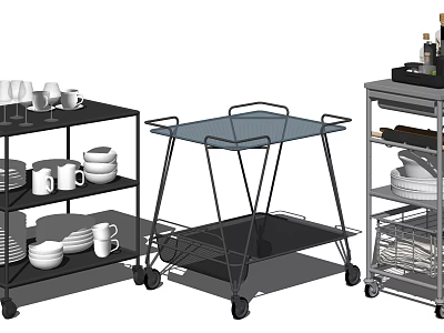 Commercial Kitchen Equipment Mobile Carts with Wheels Metal Frames Glass Tops and Storage Shelves 3d model