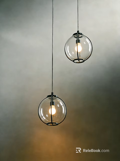 Two Glass Globe Pendant Lights Hanging Against Gray Wall With Illuminated Bulbs 3d model 