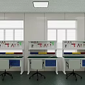 Three Functional Desks In Laboratory Workspace With Overhead Shelves Tools Drawers And Green Chairs 3d model