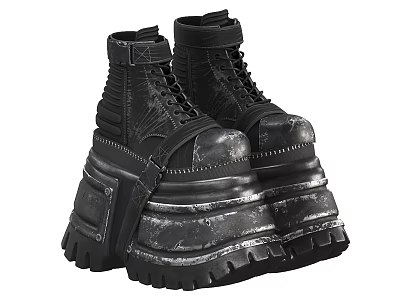 Black Platform Boots With Industrial Style Layered Thick Sole And Straps 3d model