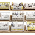 Yellow And White Baby Cribs With Pillows Stuffed Toys And Wooden Frames