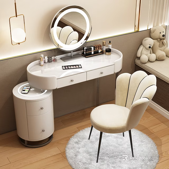 Modern White Dressing Table With Round Mirror Cosmetics And Beige Shell Back Chair 3d model 