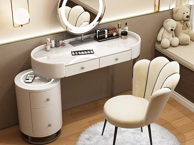 Modern White Dressing Table With Round Mirror Cosmetics And Beige Shell Back Chair 3d model