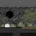 Indoor Garden Decor With Rock Wall Green Plants Round Ornament And Wooden Platform