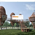 Wooden Houses Egg Shaped Design Connected By Stairs And Platforms Surrounded By Grass And Trees